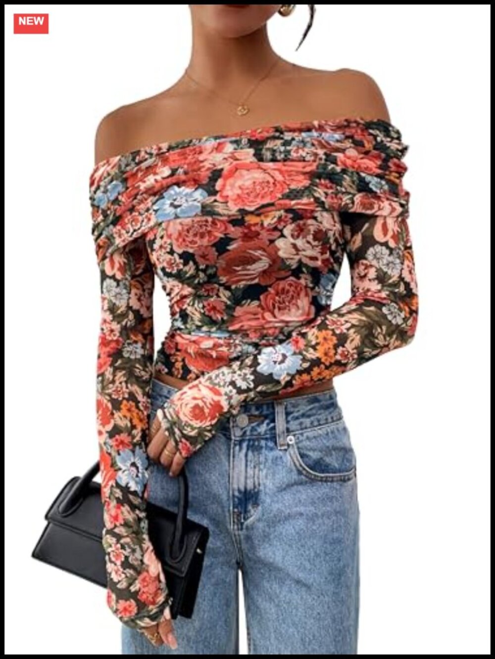 Women Off Shoulder Floral Mesh Long Sleeve Ruched Slim Fit Top